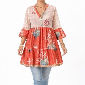 Isla Bonita by Sigris babydoll dress tulip sleeve lace coral white 100% coton XL